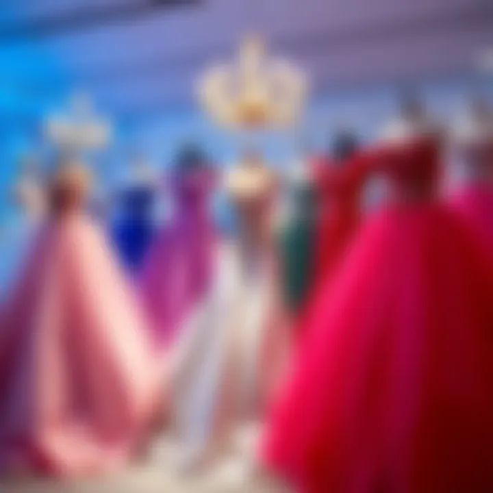 A selection of beautiful ball gowns displayed for voting in a poll, showcasing various styles and colors.