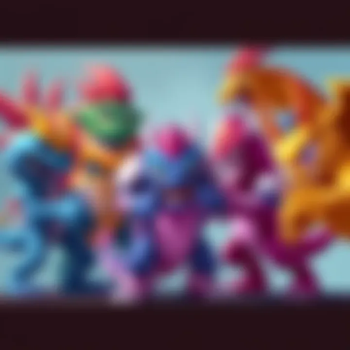 Favorite Battle Monsters A group of colorful, cartoon-style monsters with simple armor sets engaging in a playful fight, showcasing their unique traits and personalities.