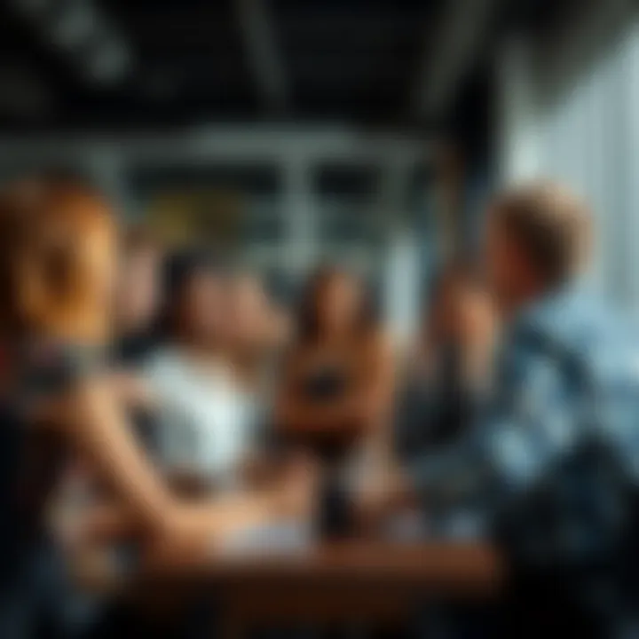 Group of people sharing stories about their favorite bosses in an office setting