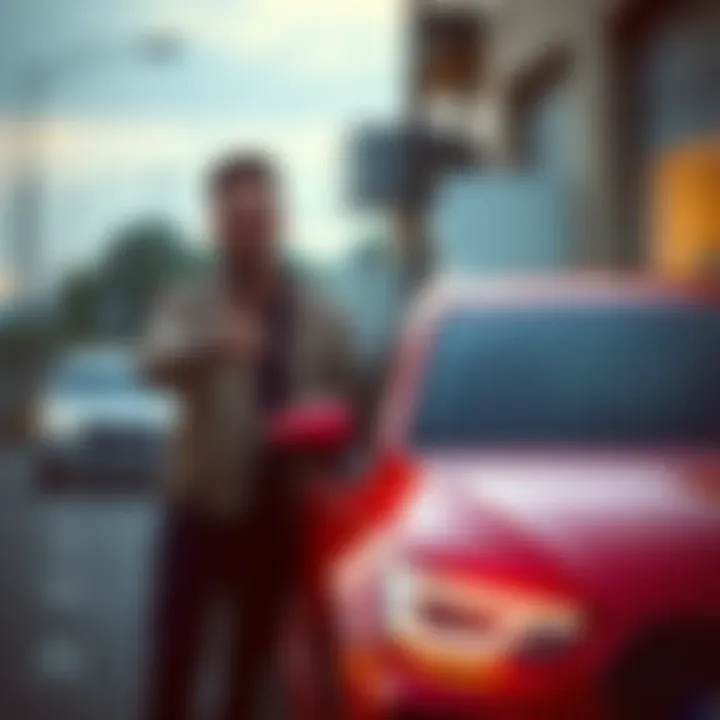 Person with favorite car A person standing proudly next to their favorite car, smiling and highlighting their choice with a thumbs up.