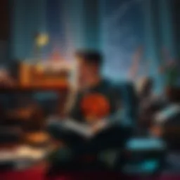 Individual sitting in a cozy setting, deep in thought about their favorite fictional character, with books and memorabilia around them.