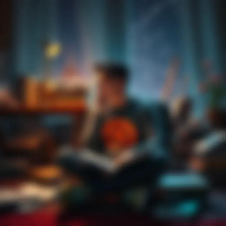 Individual sitting in a cozy setting, deep in thought about their favorite fictional character, with books and memorabilia around them.