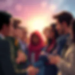 A group of diverse people engaging in a lively debate about their favorite heroes, sharing thoughts and opinions.