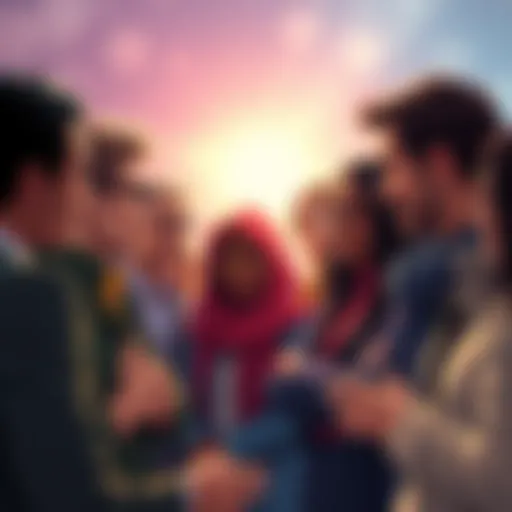 A group of diverse people engaging in a lively debate about their favorite heroes, sharing thoughts and opinions.