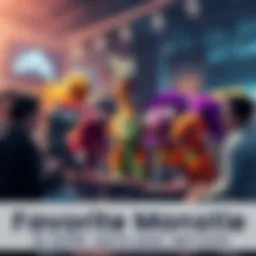 A group of people sharing their favorite Monstie, featuring colorful and diverse monster designs in a lively setting.