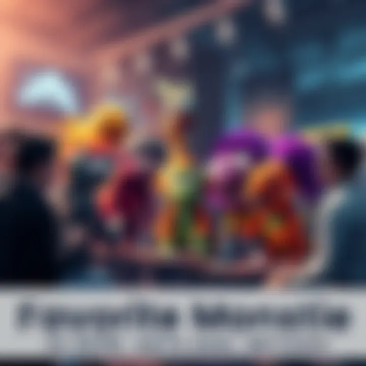 A group of people sharing their favorite Monstie, featuring colorful and diverse monster designs in a lively setting.