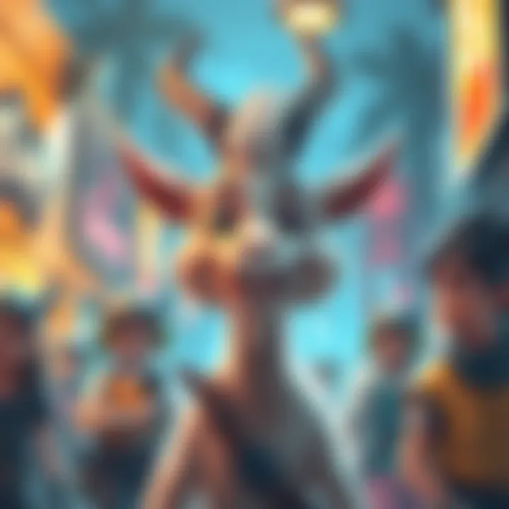 Favorite NPC Character A digital illustration of a unique NPC with a cheerful expression, standing out among other characters in a lively game setting.