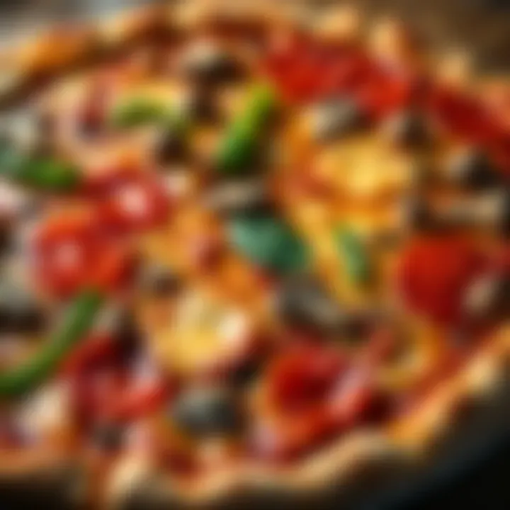 Pizza with various toppings A delicious pizza featuring multiple toppings including pepperoni, mushrooms, and green peppers, showcasing a golden crust.