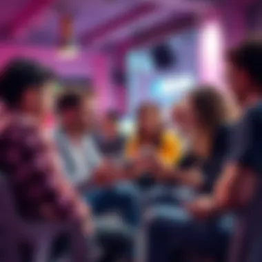 People engaged in a discussion about their favorite video games, sharing thoughts and opinions in a lively setting