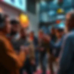 People discussing their favorite weapon manufacturers like Maliwan, Bandit, and Dahl, showcasing different weapon designs in a vibrant setting.