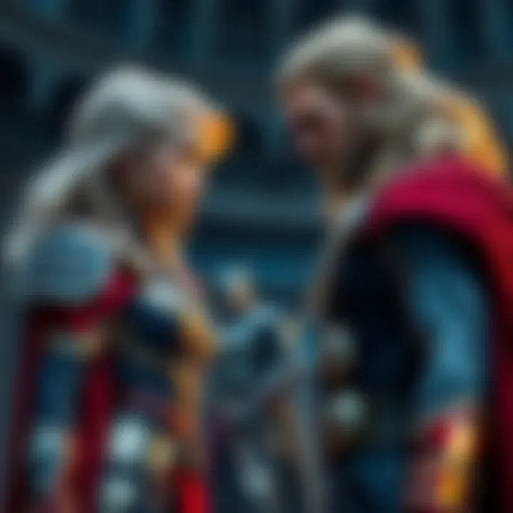 Faye and a young version of Thor facing off in a dramatic setting, showcasing their readiness for an epic fight.