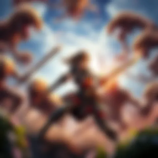 Faye battles fierce enemies in a vibrant game world with dynamic landscapes and intense gameplay moments.