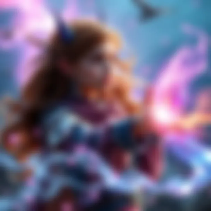 Faye casting magic Faye using magic outside her realm, surrounded by shimmering energy and contrasting landscapes