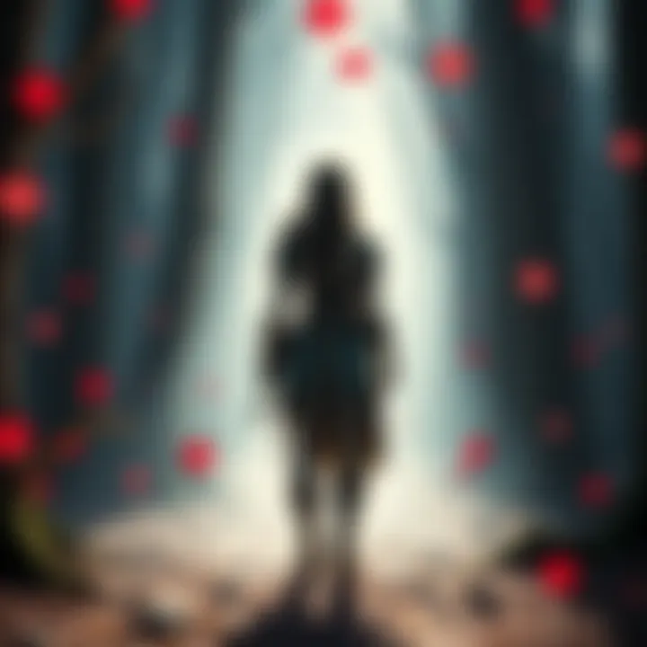 Faye standing in a mystical forest, surrounded by glowing runes and shadows, suggesting a hidden truth about her fate.