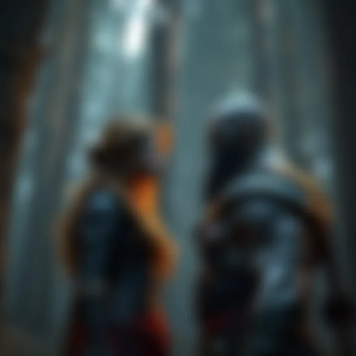 Faye and Kratos in a quiet moment, looking at each other with mixed emotions in a dark forest setting, hinting at their complex relationship.