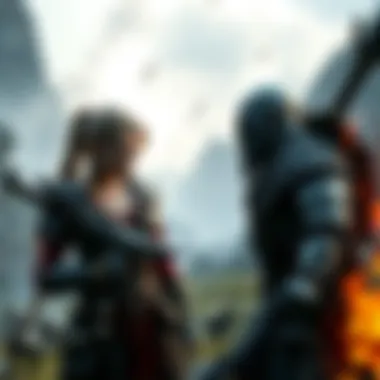 Faye, a fierce warrior with a determined expression, stands ready for battle against Kratos, who wields his iconic blades. The setting is a dramatic landscape from GOW Laufey, filled with tension and ...