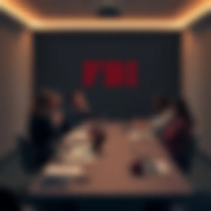 A group of people debating around a table, with papers and laptops, discussing the suitability of a character as an FBI agent.