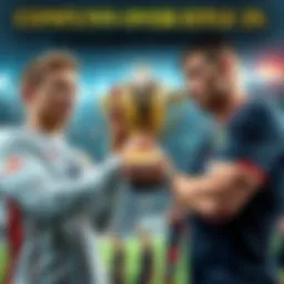 Two fantasy league champions debating over the title claims, one holding a trophy and the other with a disappointed expression.