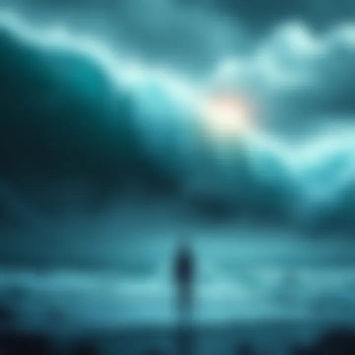 A person standing on the shore looking worriedly at the vast, deep ocean waves