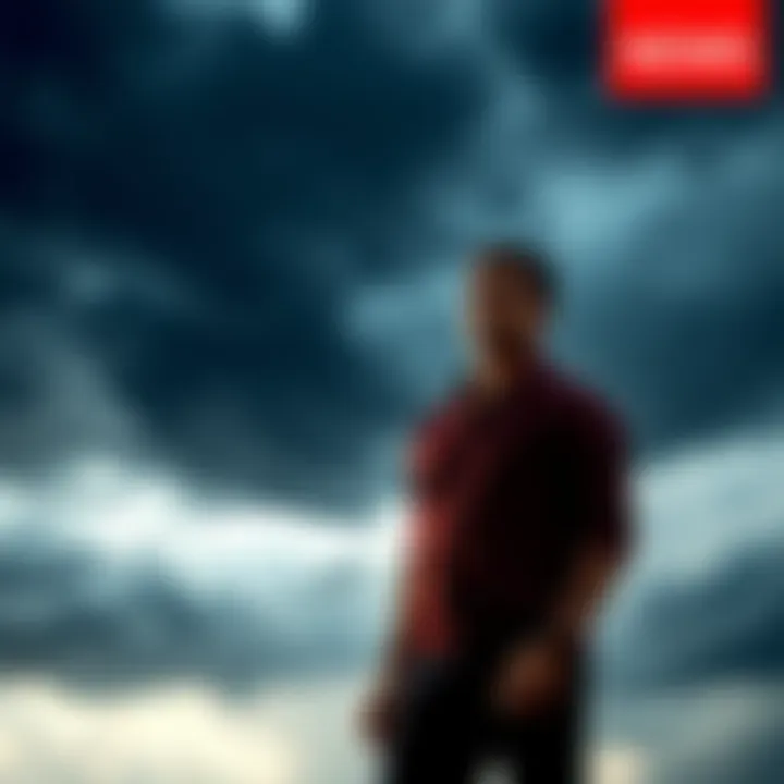 Person showing confidence in front of a stormy backdrop A confident individual stands tall against a dark, stormy sky, symbolizing fearlessness and resilience in the face of uncertainty