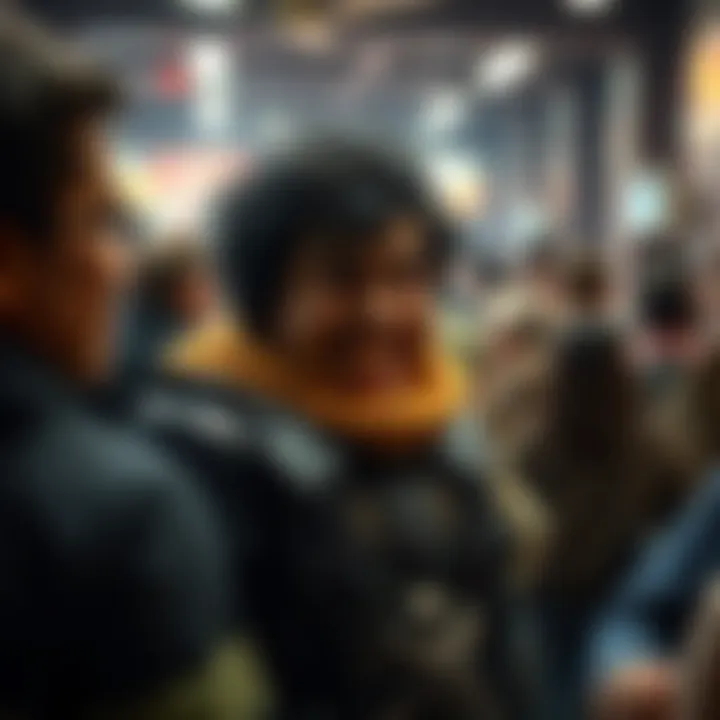 A well-known tough character looks surprisingly small and comical in a crowded room, eliciting laughter from onlookers.