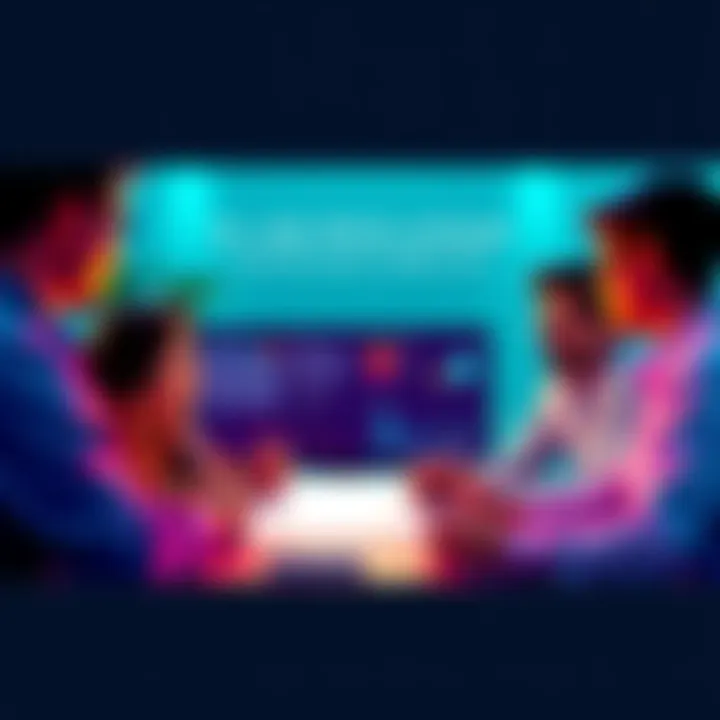 Feedback Discussion A group of people discussing project ideas and feedback on a build's direction with charts showing performance metrics.