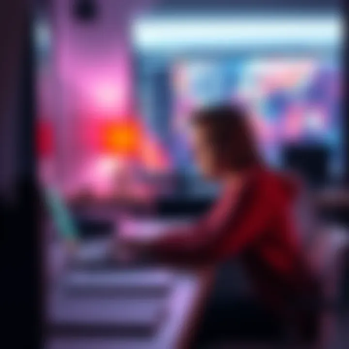 A person sitting at a desk with a laptop, looking engaged while asking for feedback from a community, with chat messages visible on the screen