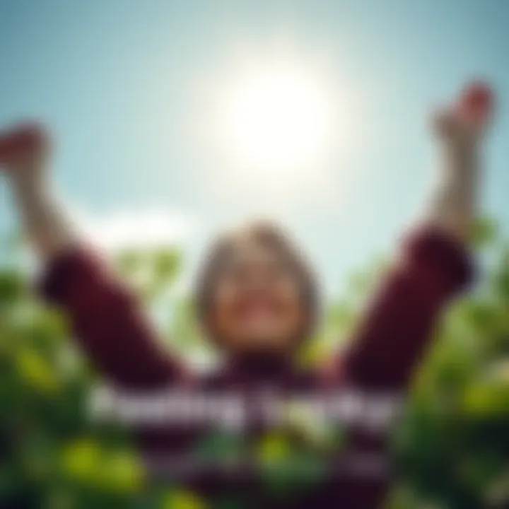 A person smiling with arms raised in gratitude under a bright sun, surrounded by green clovers.