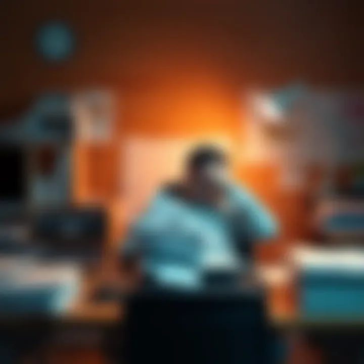 A person sitting at a desk, looking tired and stressed, surrounded by work materials