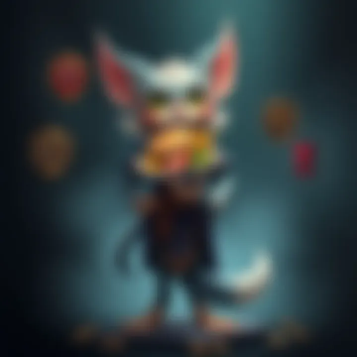 A Felyne character stands proudly, holding a plate of food, surrounded by symbols of a gaming guild, representing player support in monster battles.