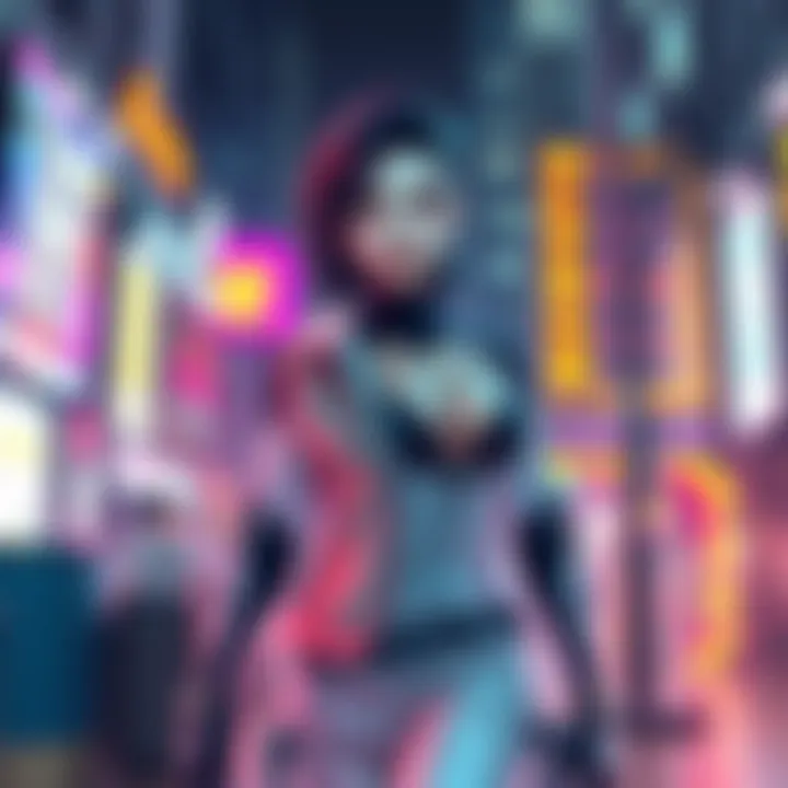 A female character with a sleek, corporate outfit stands confidently in a futuristic urban environment, showcasing a strong attitude.