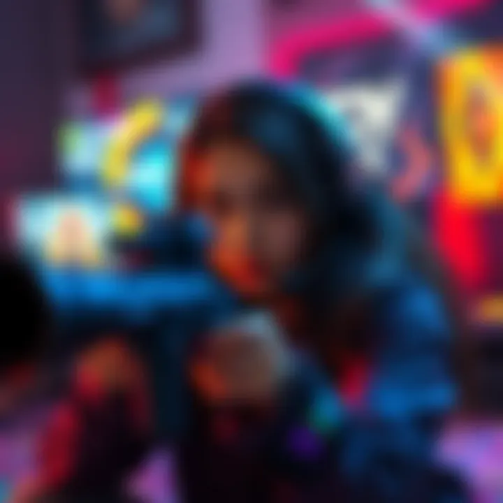 Female Gamer Playing FPS on PS5 A female gamer focused on a first-person shooter game on a PS5, with an intense look and colorful gaming setup in the background.