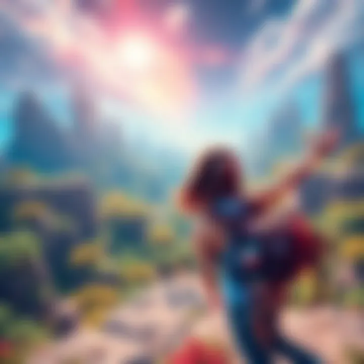 A female character in a colorful, expansive video game world, interacting with the environment and showcasing adventure