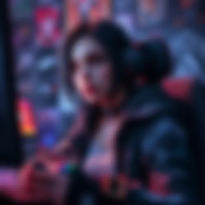 A female gamer with a goth aesthetic looks contemplative, surrounded by gaming elements, as she reflects on the character Sable, sparking a discussion in the gaming community.