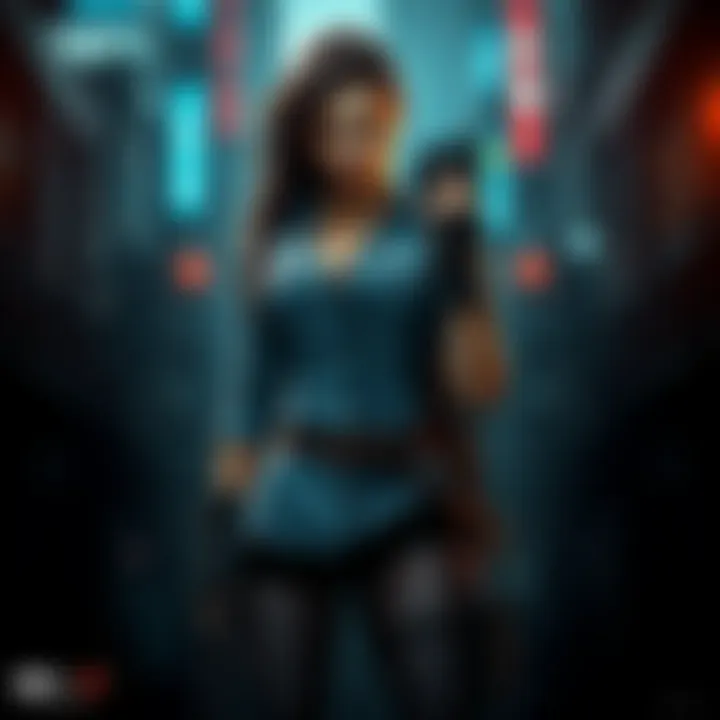 Female Character in RE:9 A strong female character inspired by Leon Kennedy from RE:9, standing confidently with a weapon in a dark, urban environment.