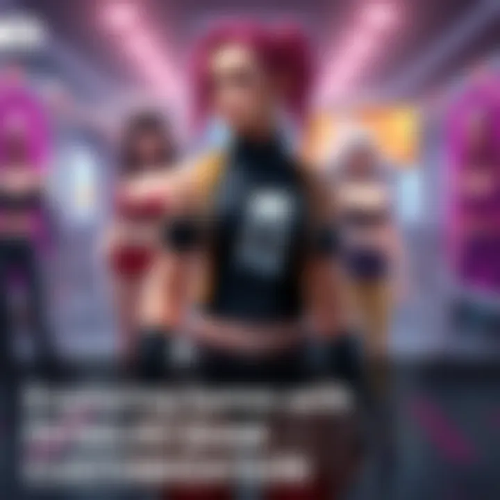 A visual representation of a female character being customized in a video game, showcasing various options for body proportions and outfits.