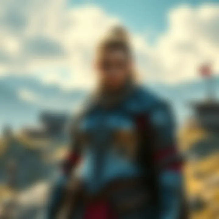 Female Character in Medieval Game Setting A strong female warrior dressed in medieval armor stands confidently in a fantasy landscape, showcasing diverse character options in gaming.