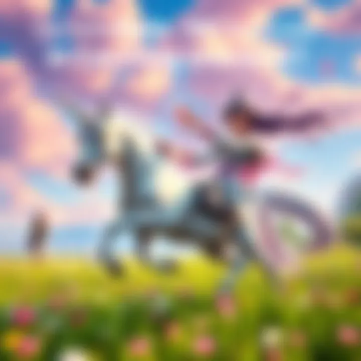 A female video game character joyfully capturing a unicorn in a colorful fantasy landscape