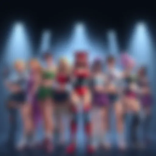 A group of diverse female characters from various video games, each showcasing unique designs and outfits, standing together confidently.
