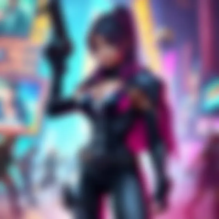 A female gaming character in a sleek, form-fitting costume, showcasing strength and confidence, surrounded by a vibrant gaming environment.