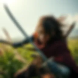 A female Viking character, Eivor, showcasing her skills with a weapon, in a lush green landscape, embodying strength and determination.