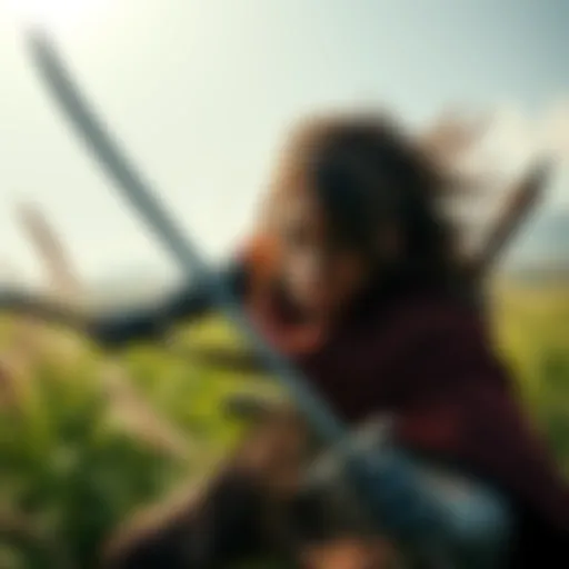 A female Viking character, Eivor, showcasing her skills with a weapon, in a lush green landscape, embodying strength and determination.