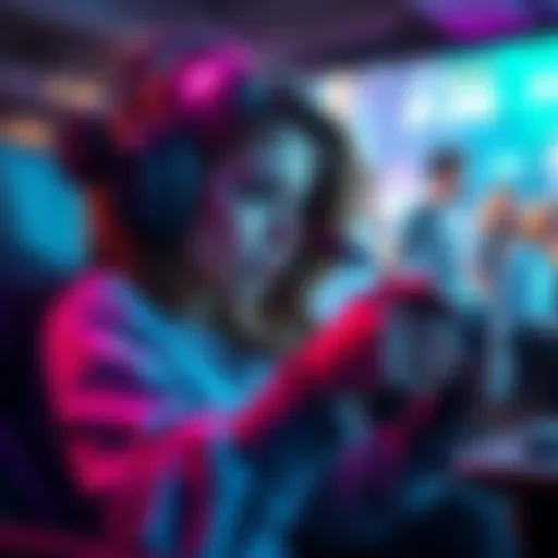 A female gamer immersed in gameplay, portraying a strong female character on screen with vibrant graphics.