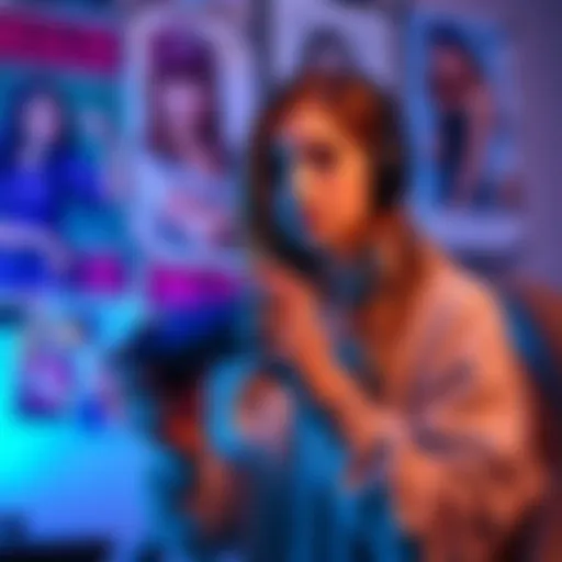 A female gamer holding a video game controller, looking focused and engaged, surrounded by posters of strong female characters in gaming.