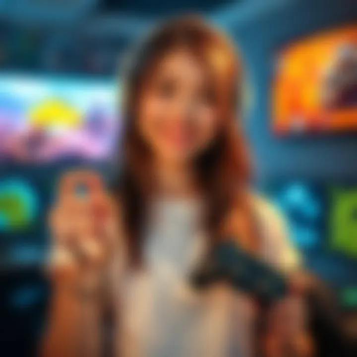 A 20-year-old female gamer holding a controller, inviting players for Fortnite, COD, and GTA. She is smiling and looking excited about gaming.