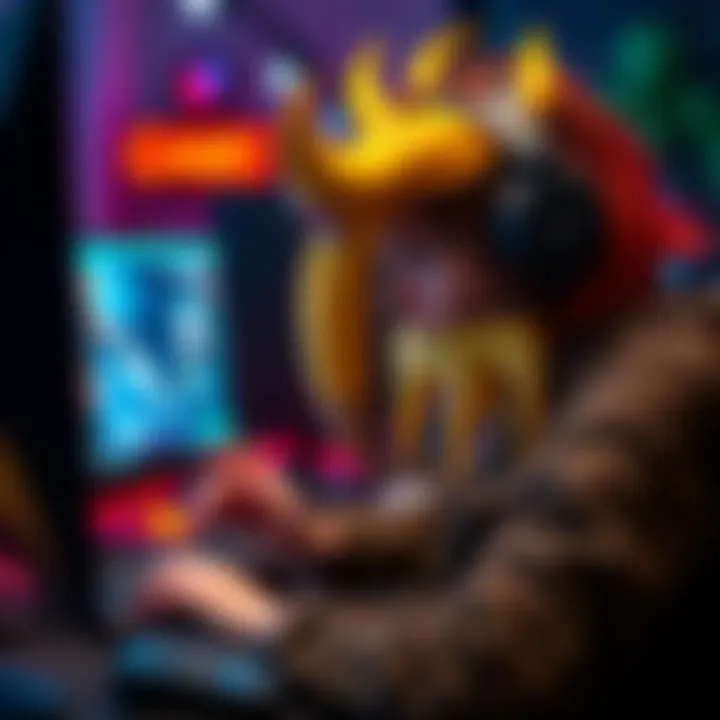 Female Gamer Playing as Junkrat A female gamer focused on a computer screen, playing as the character Junkrat, surrounded by gaming gear.