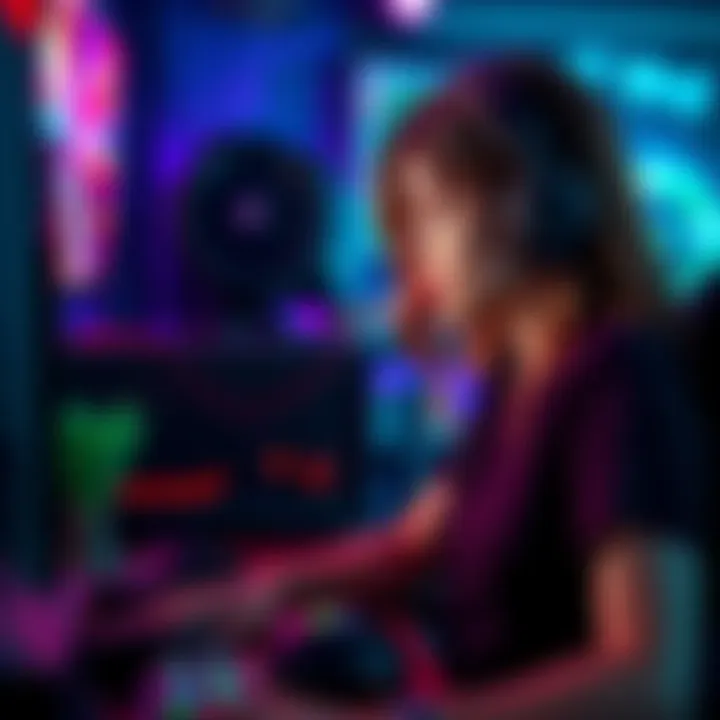 Female Gamer Playing A woman focused on gaming, surrounded by gaming equipment, highlighting the presence of female gamers in the industry.