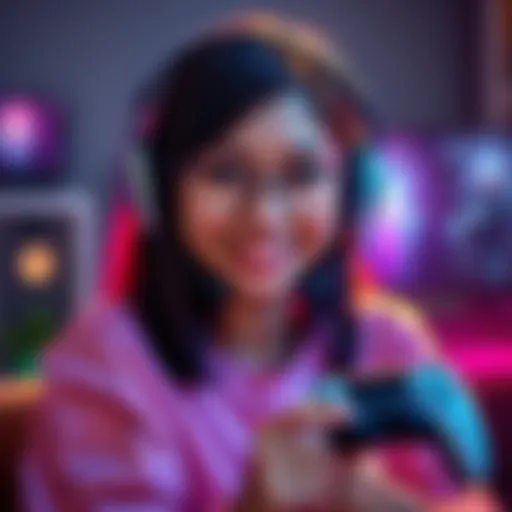 A 24-year-old woman with a gaming headset smiling and holding a PS5 controller, inviting others to join her for gameplay.