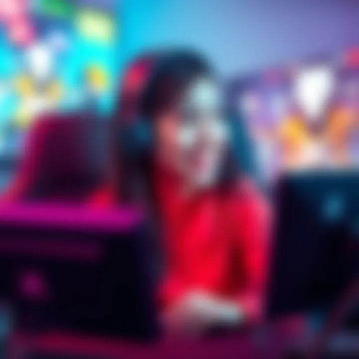 A female gamer smiles while playing, surrounded by colorful game graphics and a positive chat overlay, representing a supportive gaming community.