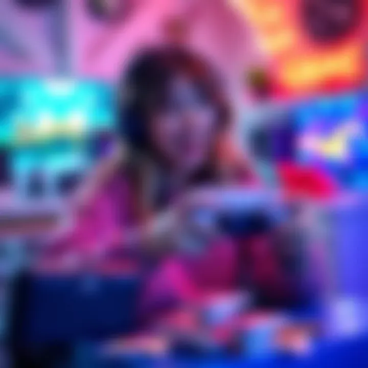 A woman enthusiastically playing a PS5 game in a cozy gaming setup with colorful lights and snacks around.